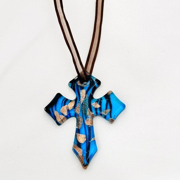 Transparent Blue Glass Cross w/Ribbon Hanger - Picture 1 of 4